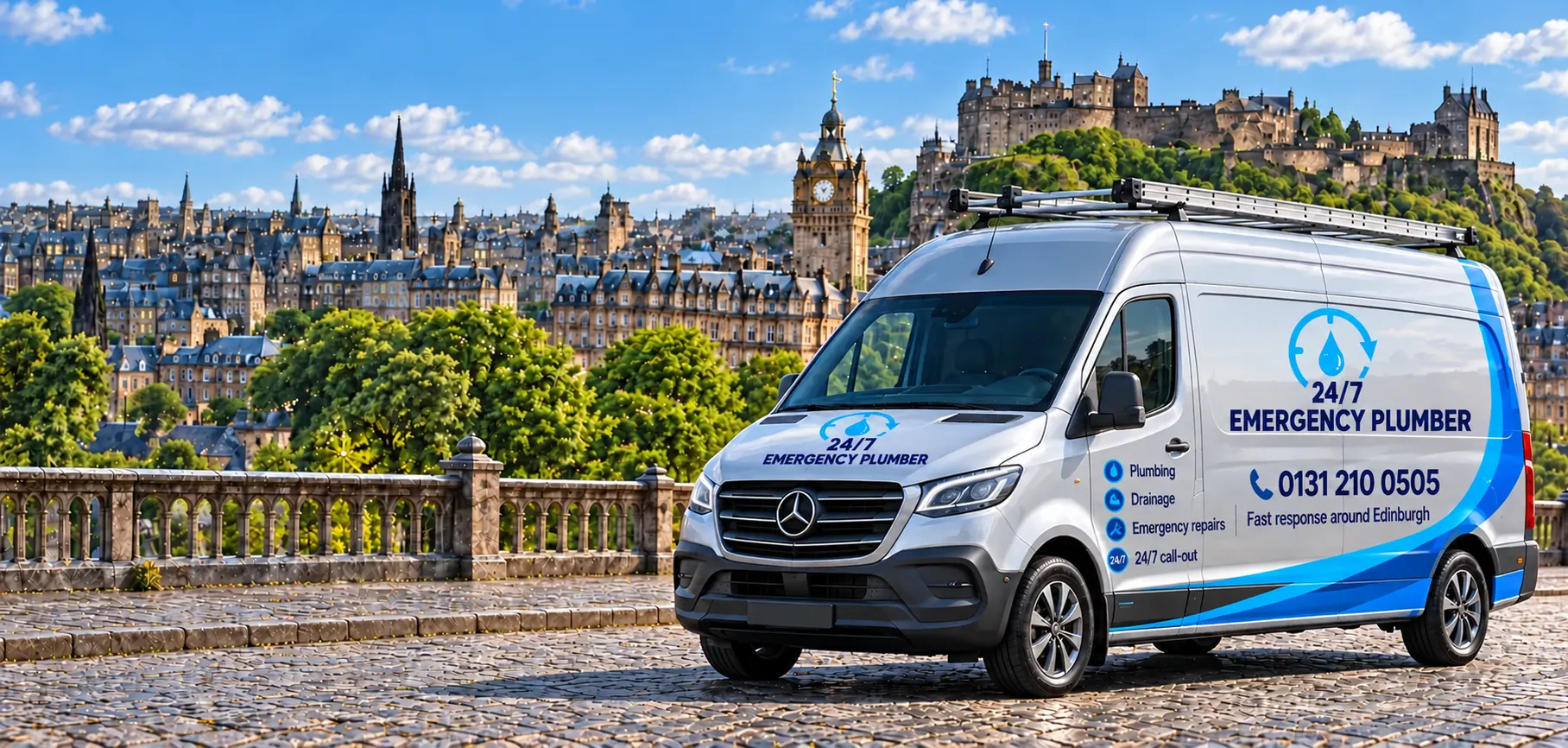 Illustrative high-tech silver metallic Mercedes-Benz eSprinter with plumbing service labels, 0131 210 0505 and Fast response around Edinburgh lettering, against Edinburgh Castle in bright daylight