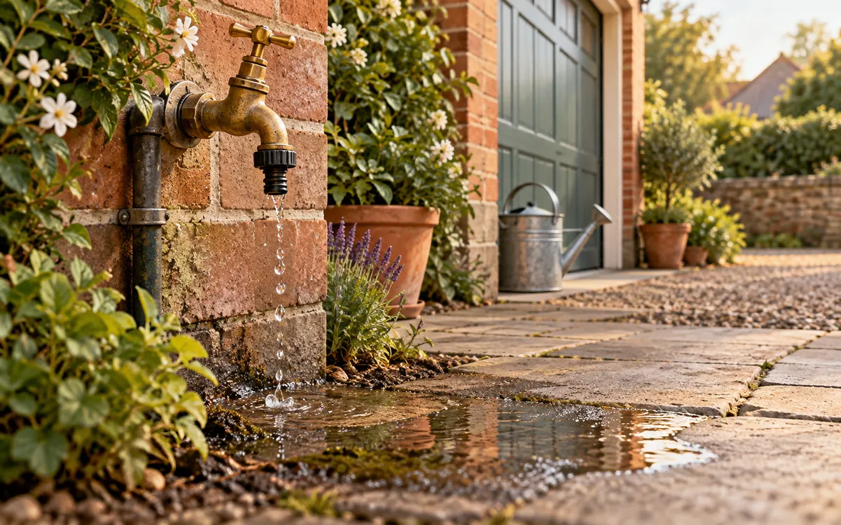 Editorial illustration: a suspected leak near a garden or garage supply