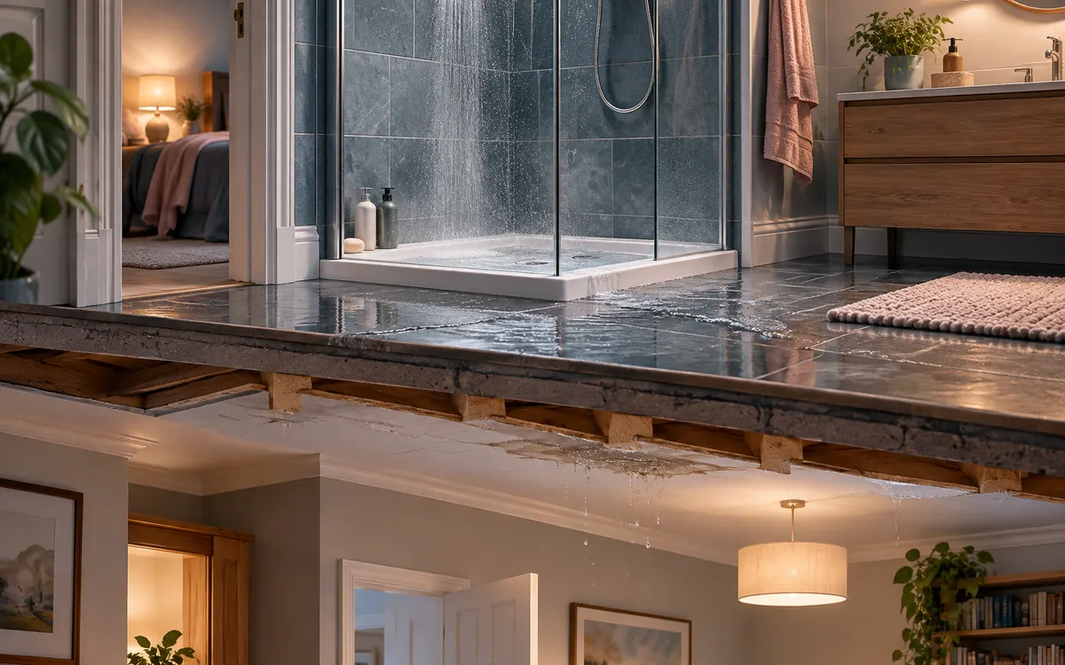 Editorial illustration: a shower that drains slowly and leaks at the same time