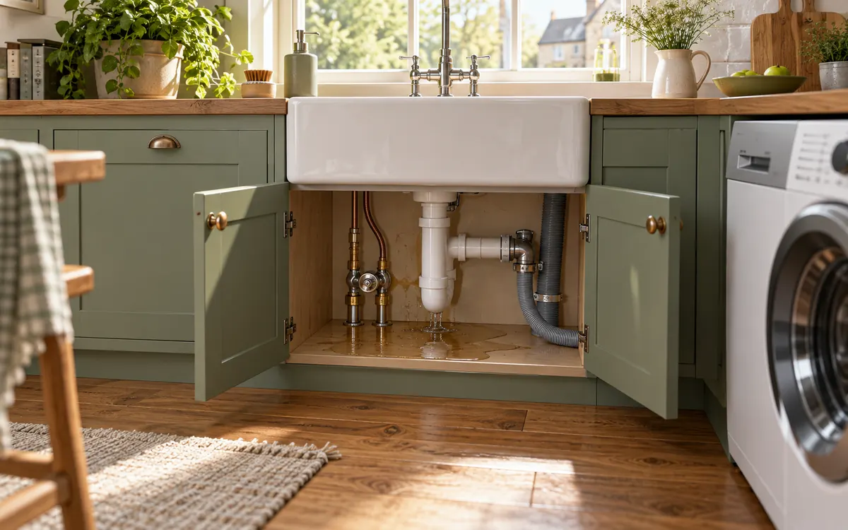 Editorial illustration: leaking water in a kitchen or utility room