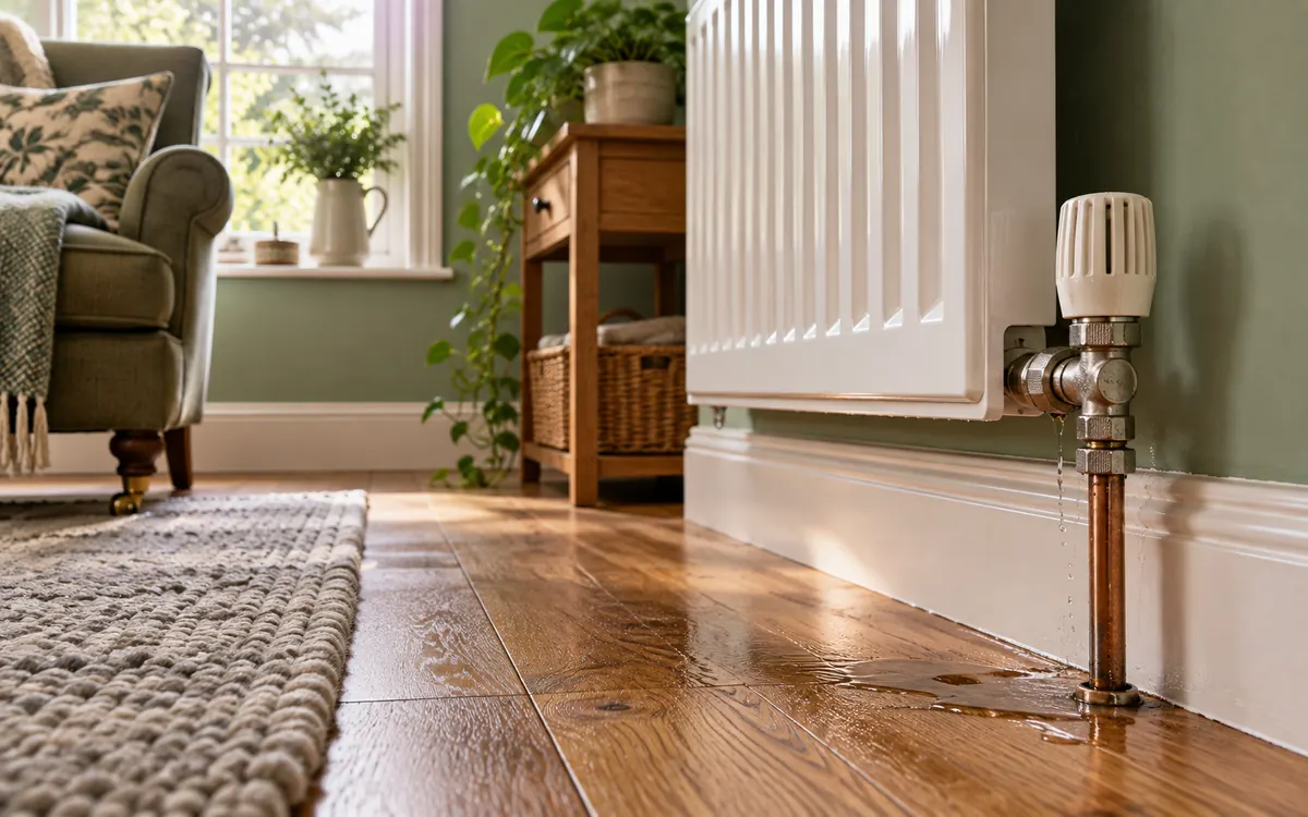 Editorial illustration: a radiator leak where floor access is restricted