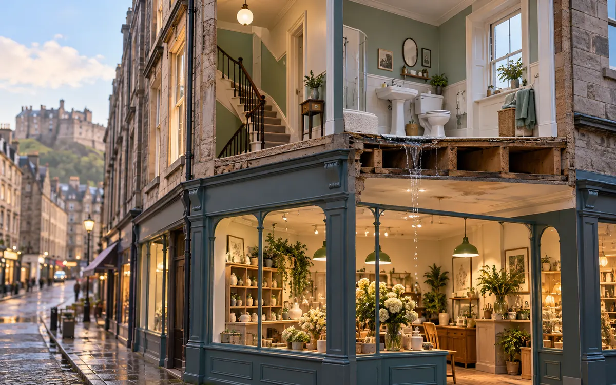 Editorial illustration: access to a flat above a shop