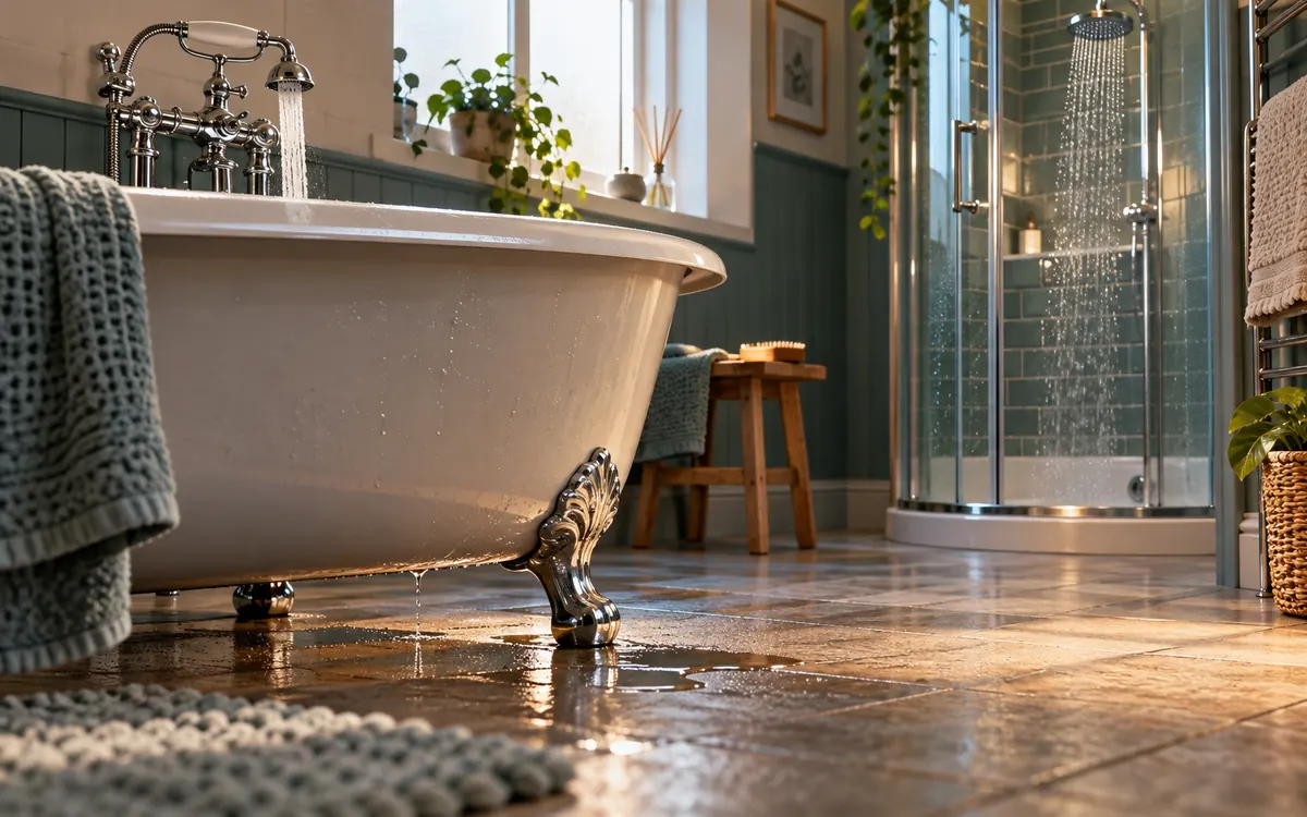 Editorial illustration: a bath or shower leak with uncertain timing