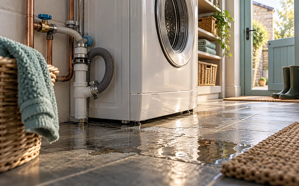 Editorial illustration: a leak in a utility room with an outside supply