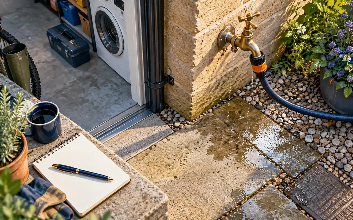 Editorial illustration: a leak serving a garage, utility or outside tap