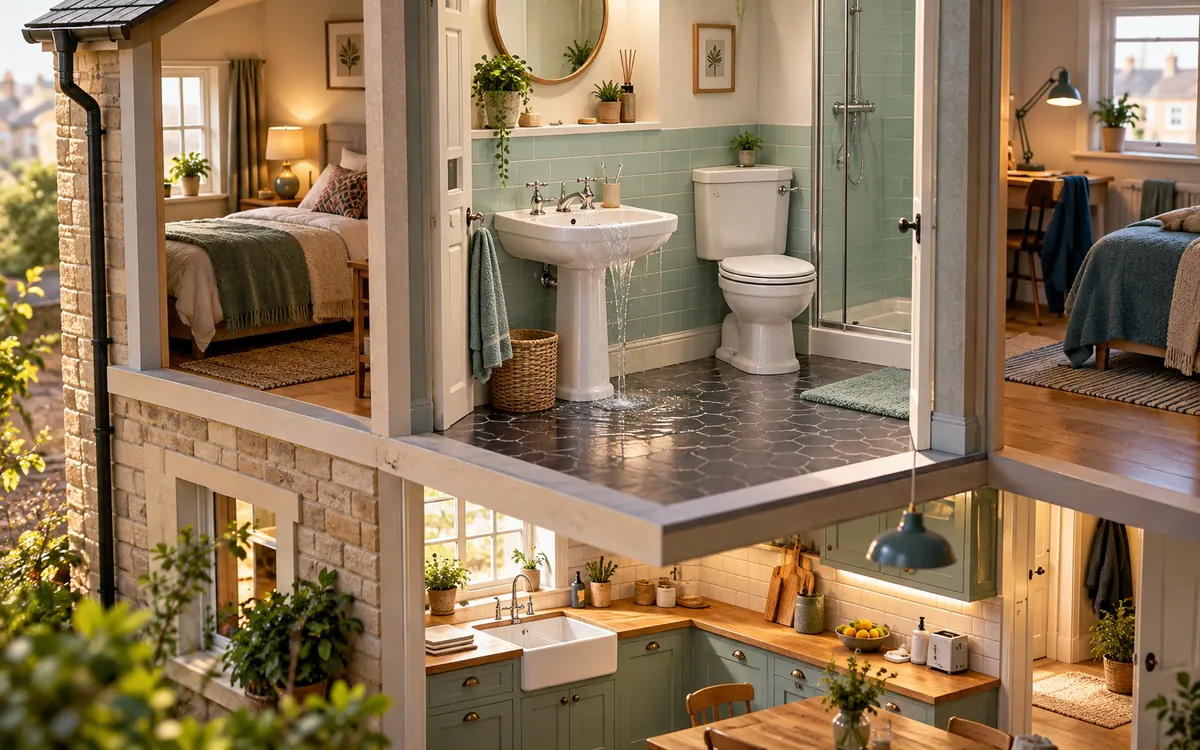 Editorial illustration: traditional Edinburgh residential building and plumbing access