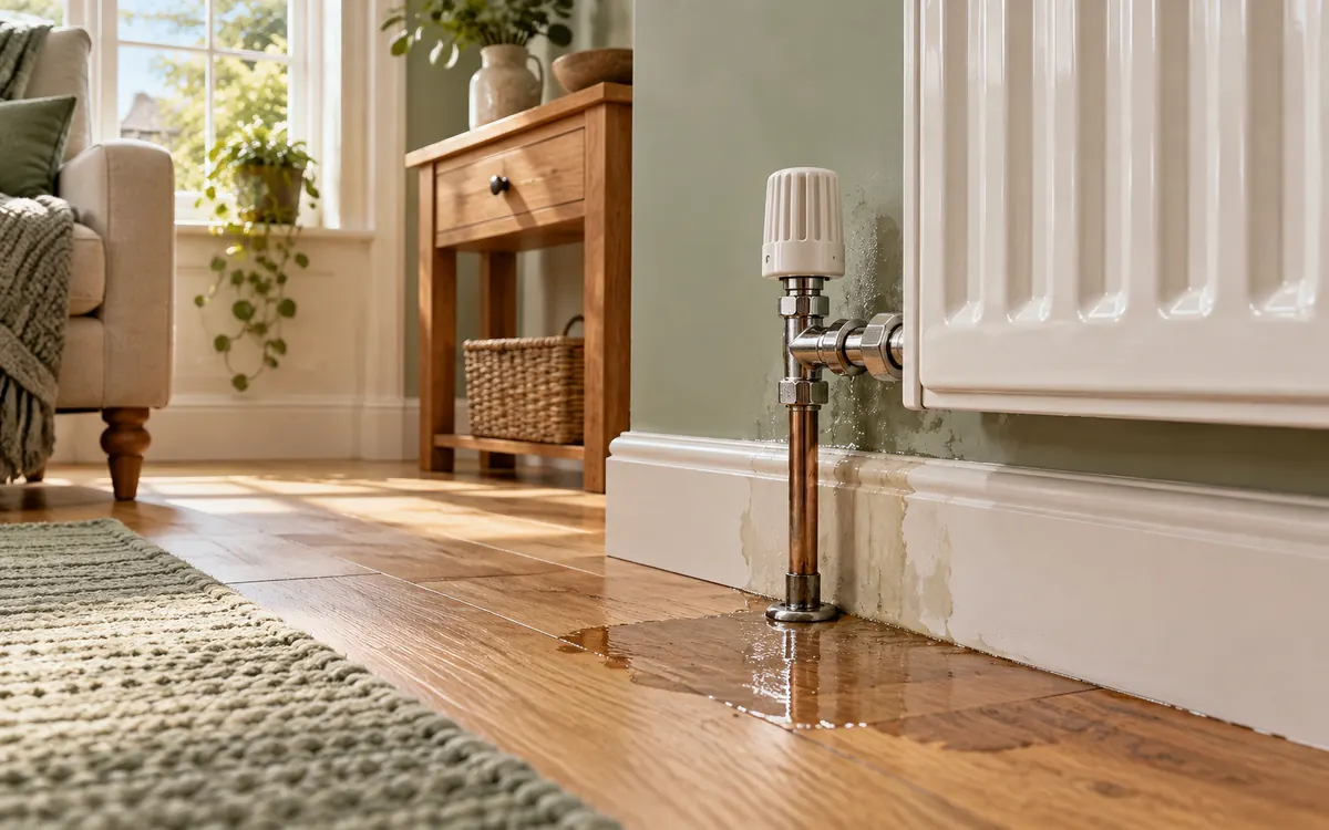 Editorial illustration: a leak around a radiator valve