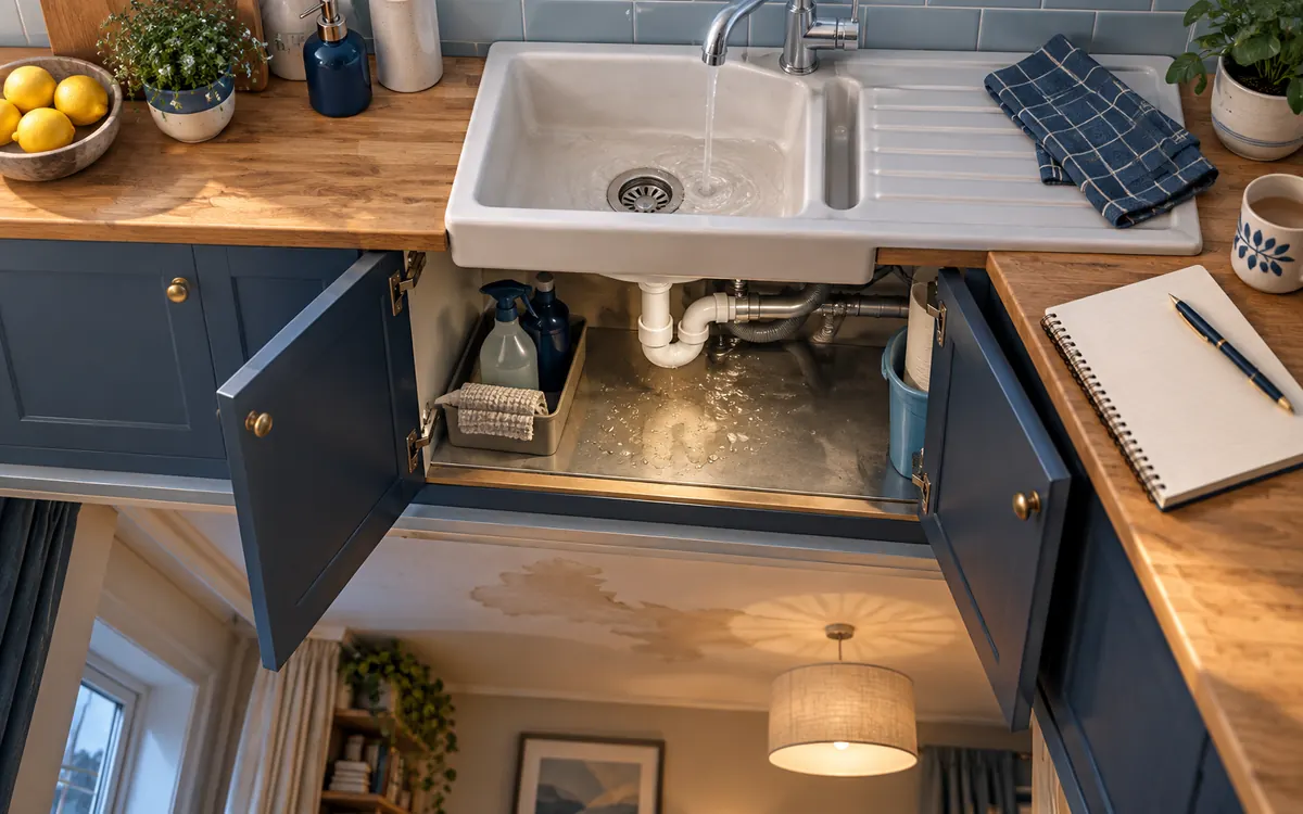 Editorial illustration: a kitchen leak affecting a flat below