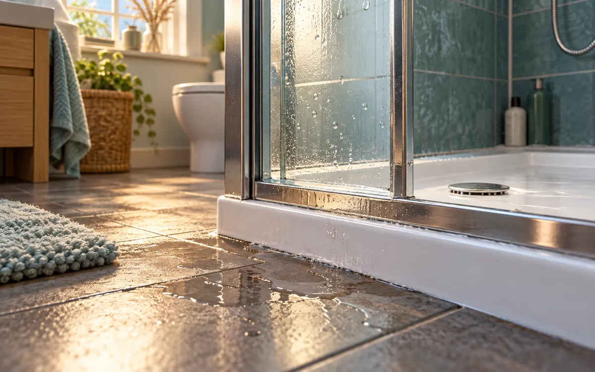 Editorial illustration: a shower leak at the tray or enclosure