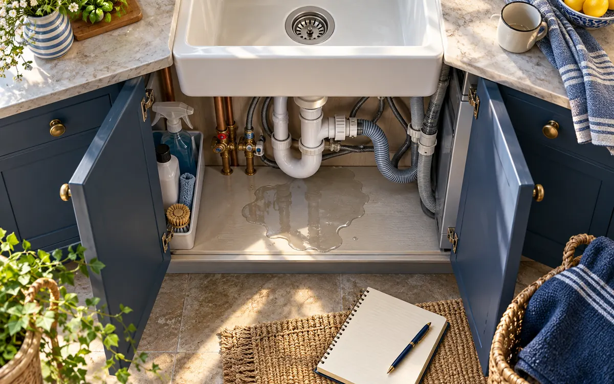 Editorial illustration: water beneath a sink with several appliance connections