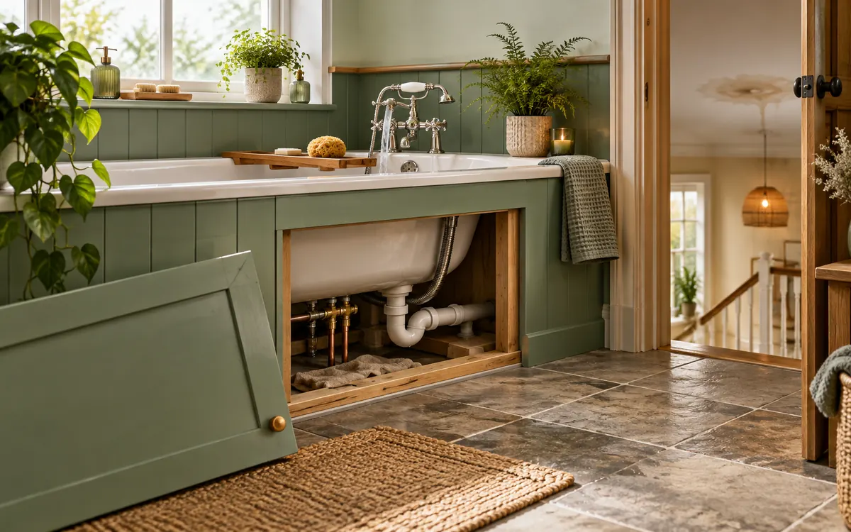 Editorial illustration: a leak hidden behind a bath panel