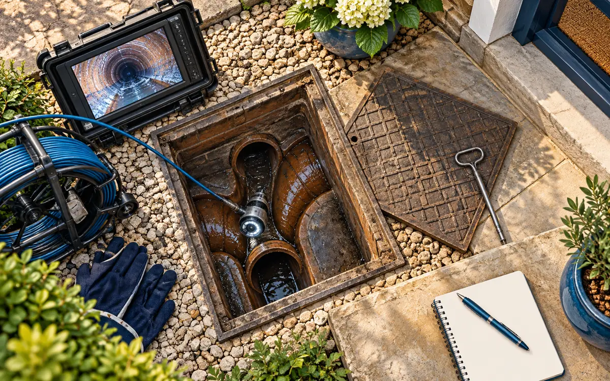 Editorial illustration: how long does a CCTV drain survey take? Scope, access and reports